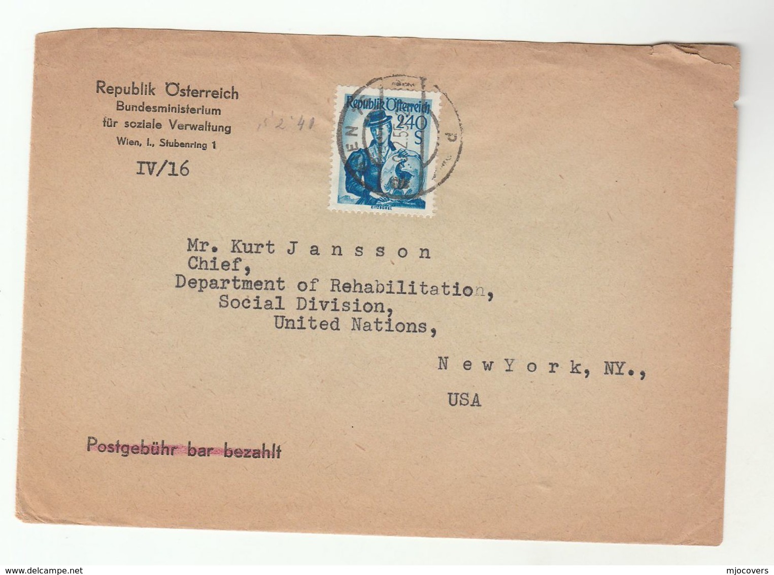 1955 AUSTRIA SOCIAL MINISTRY To UN REHABILITATION CHIEF NY USA  United Nations Cover Stamps - ONU