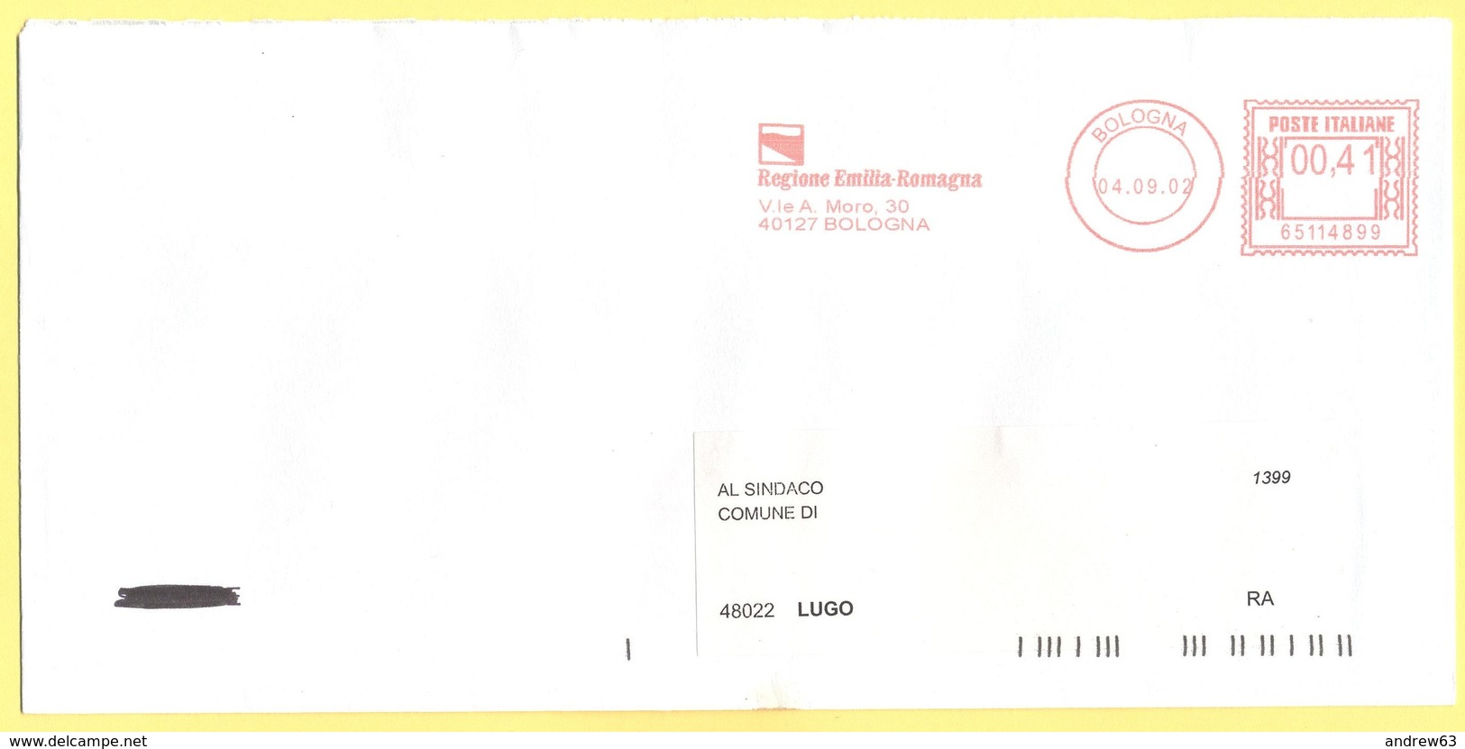 ITALIA - ITALY - ITALIE - 2002 - 00,41 EMA, Red Cancel - Regione Emilia Romagna - Viaggiata Da Bologna Per Lugo - Macchine Per Obliterare (EMA)