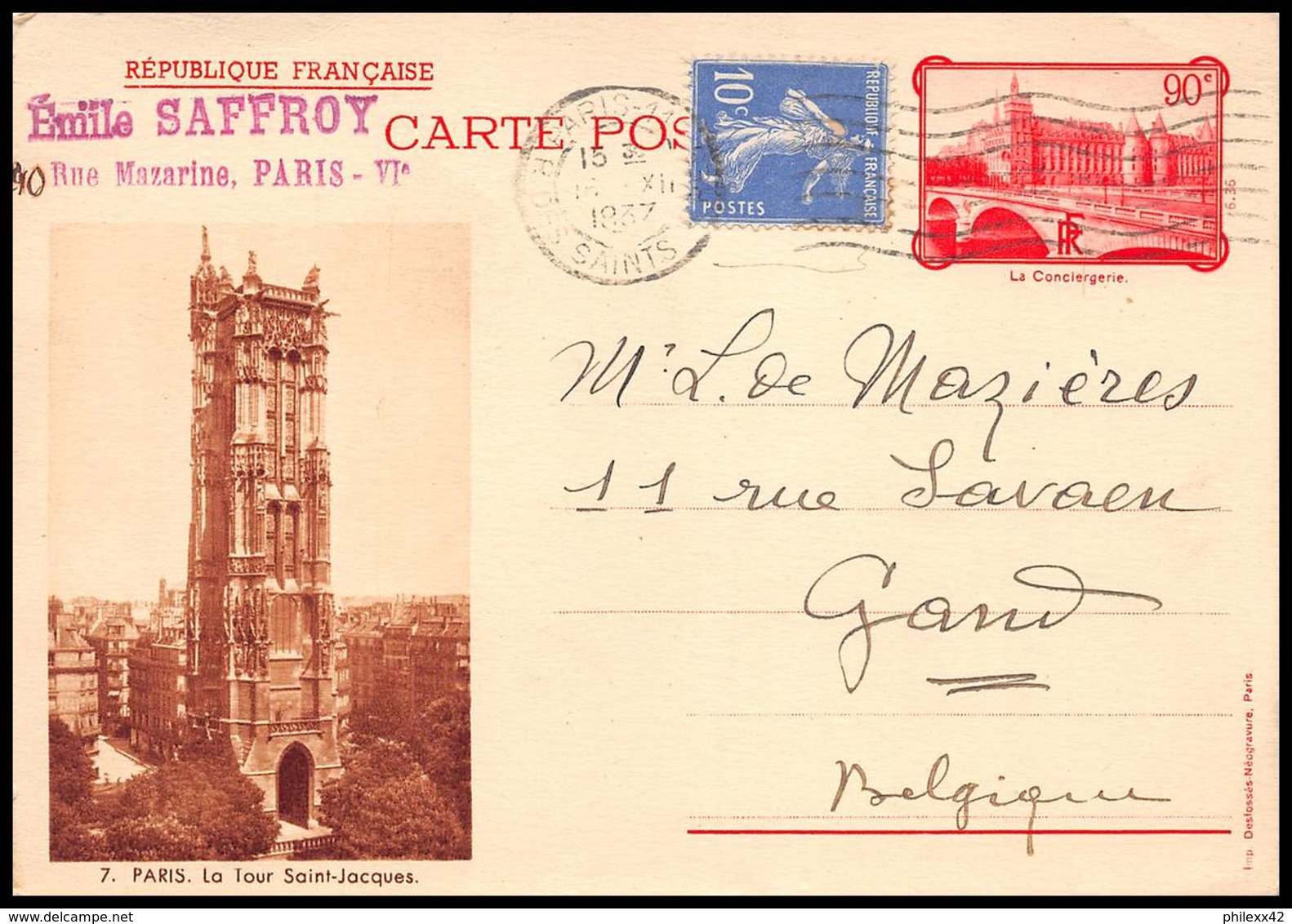 5052 Paris Baslique Tour St Jacques Complement Pour Gand Belgique 1937 Carte Postale Postcard Entier Postal Stationery - Cartes Postales Types Et TSC (avant 1995)