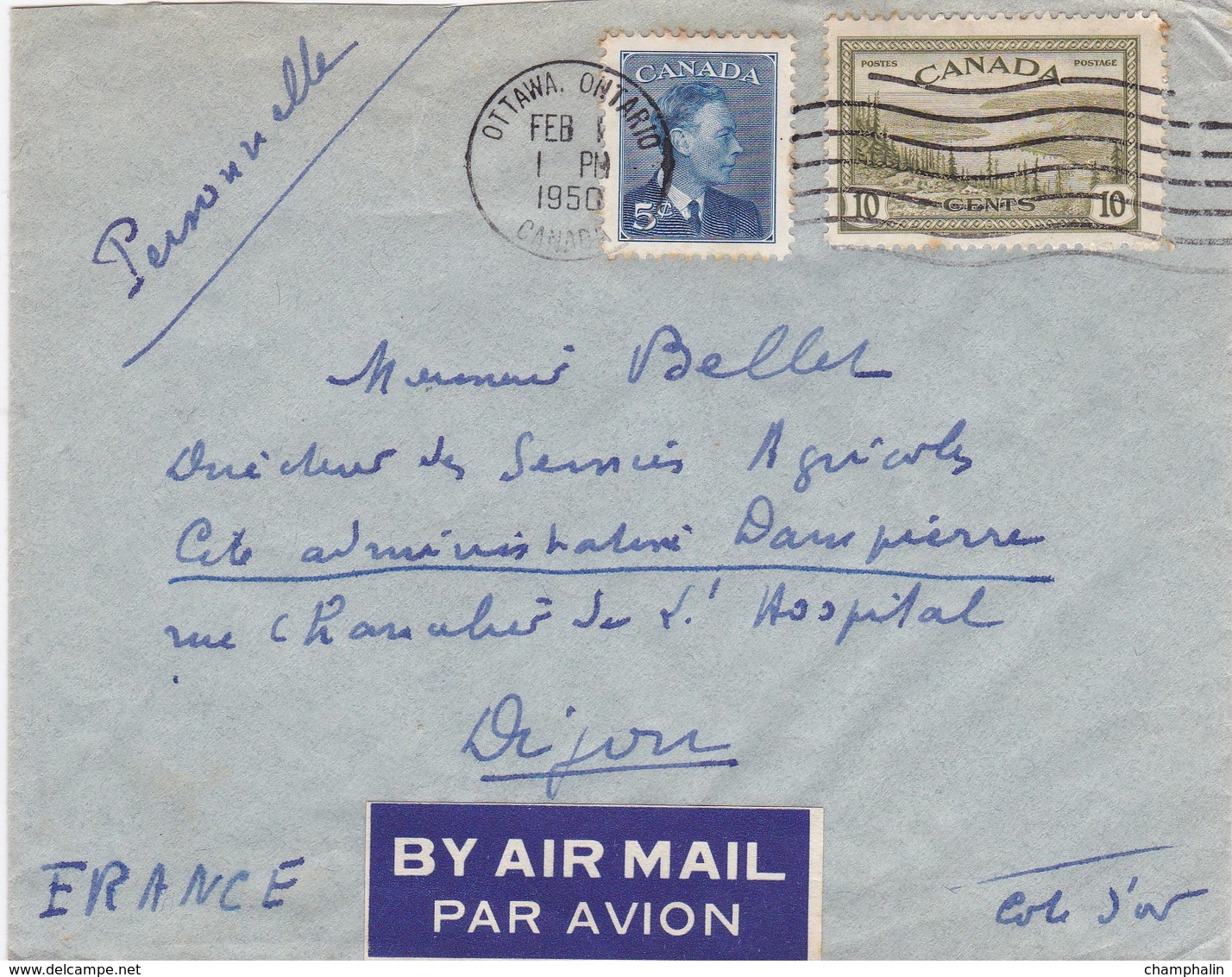 Canada - ESC De Ottawa Pour Dijon (21) - 1er Février 1950 - Timbre 5c Sc 293 & 10c Sc 269 - 1 CAD - Briefe U. Dokumente