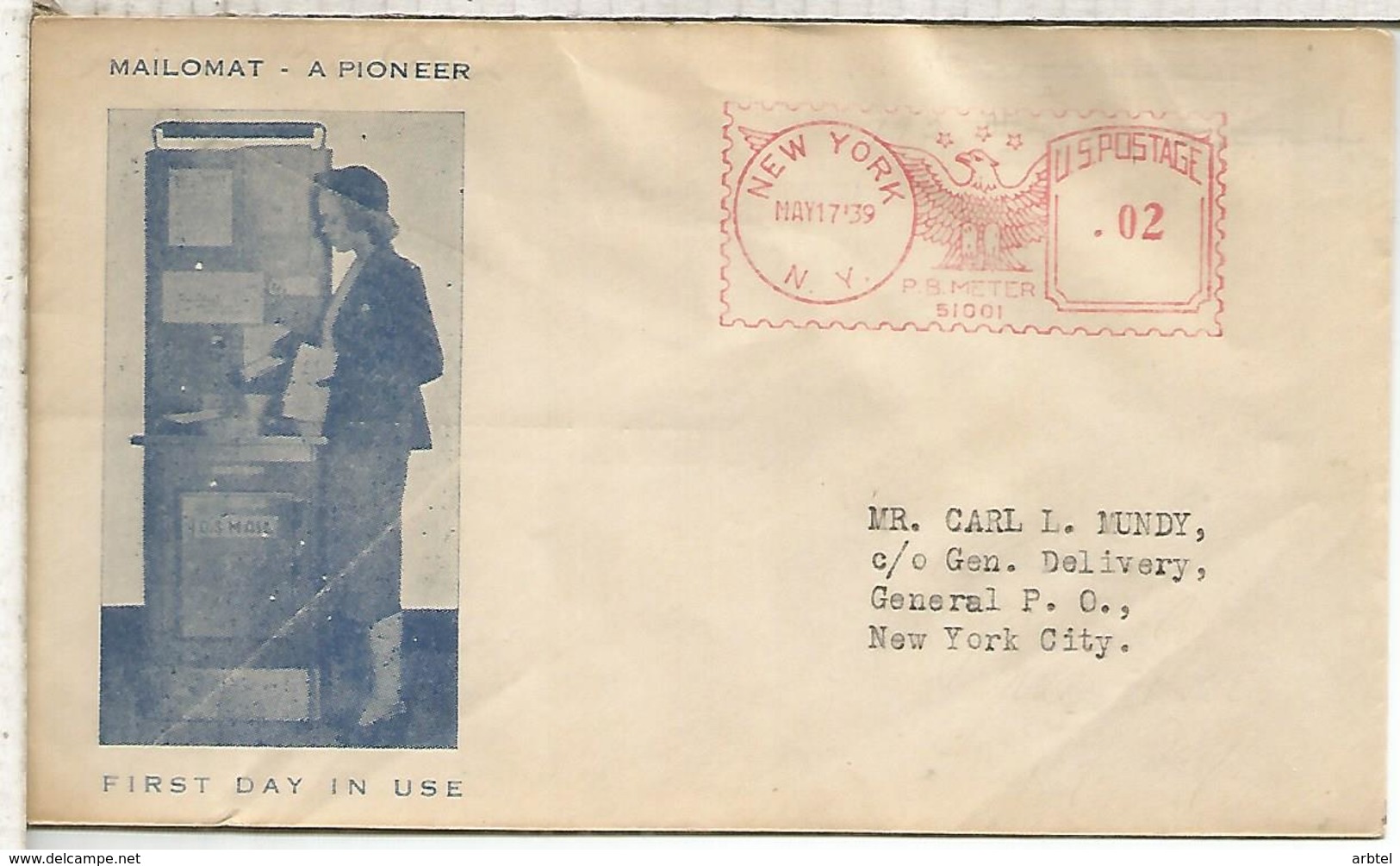 ESTADOS UNIDOS USA MAILOMAT FIRST DAY IN USE NEW YOR 1939 METER 51001 PITNEY BOWES - Cartas & Documentos