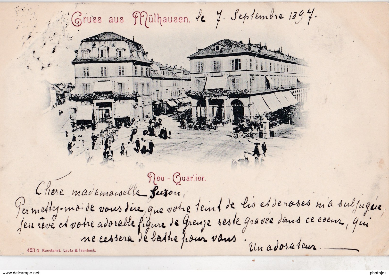 Rare CPA  : Mulhouse Mulhausen (68)  Timbre Poste Privée 3 Pf Sur CPA Neu Quartier 7 Septembre 1897 - Other & Unclassified