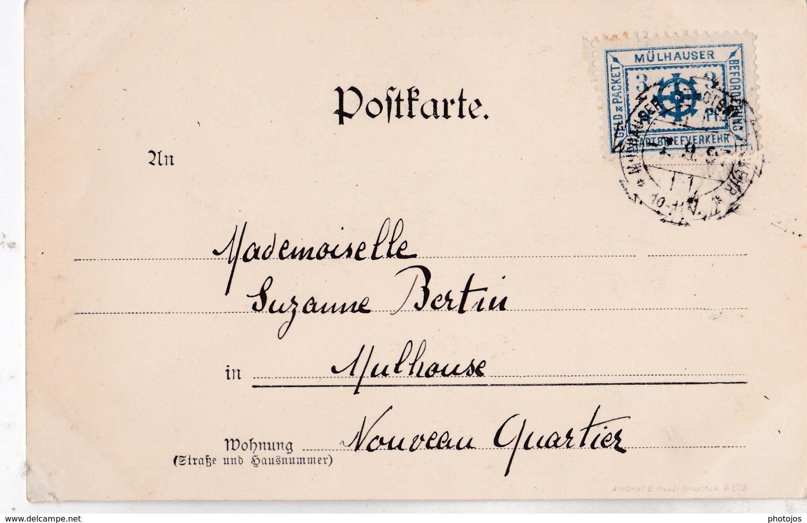 Rare CPA  : Mulhouse Mulhausen (68)  Timbre Poste Privée 3 Pf Sur CPA Neu Quartier 7 Septembre 1897 - Autres & Non Classés