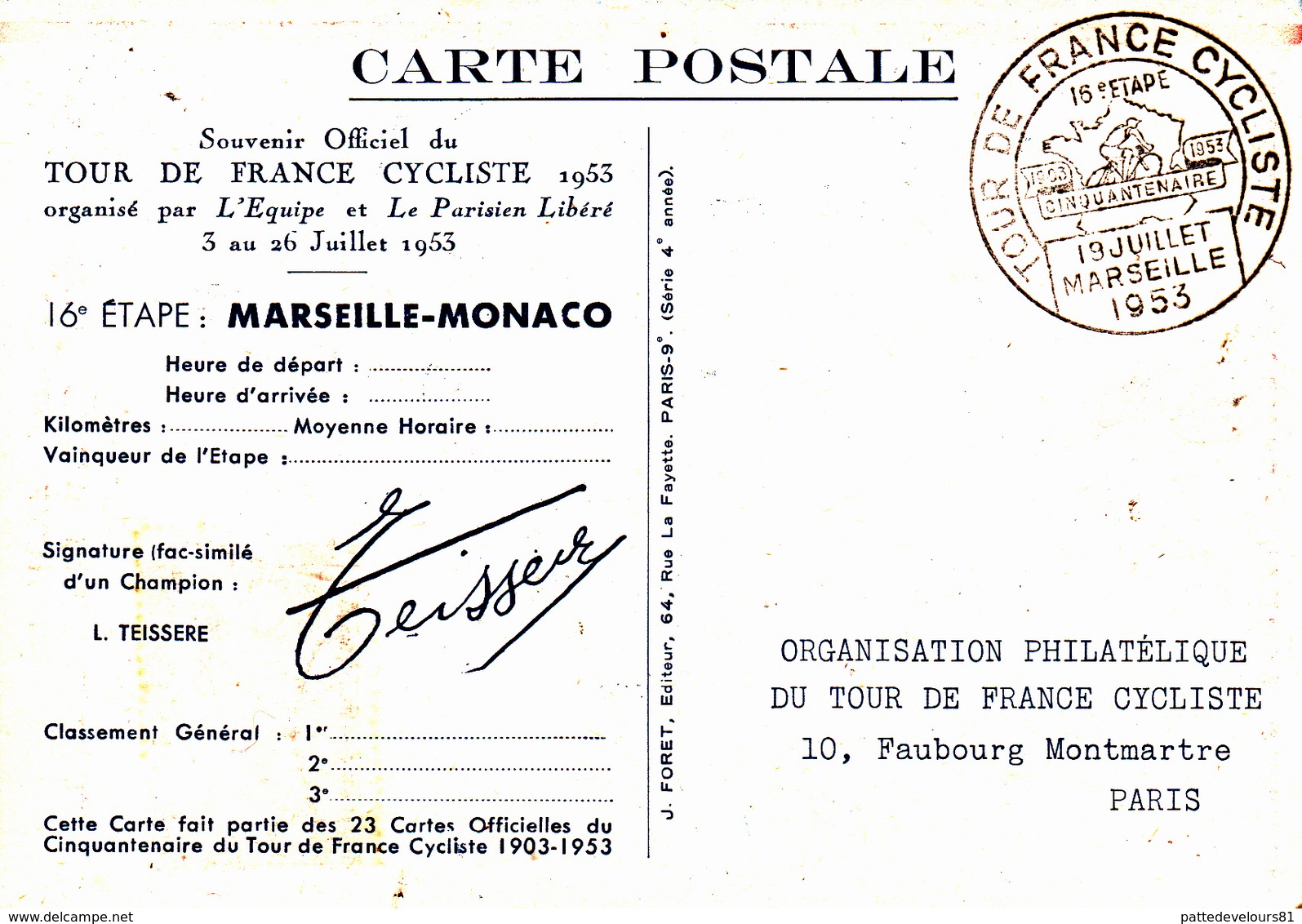 CPSM Sport Cyclisme Souvenir Officiel Cinquantenaire Tour De France MARSEILLE / MONACO Cycling Radsport (2 Scans) - Cyclisme