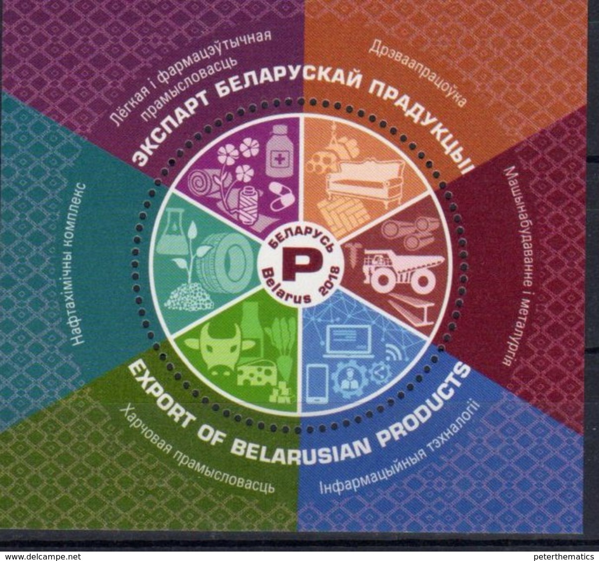 BELARUS, 2018, MNH, BEALRUS EXPORTS, PETROCHEMICALS, FOOD, BEEF, CHEESE, VEGETABLES, LORRIES, TECHNOLOGY, S/SHEET - Factories & Industries