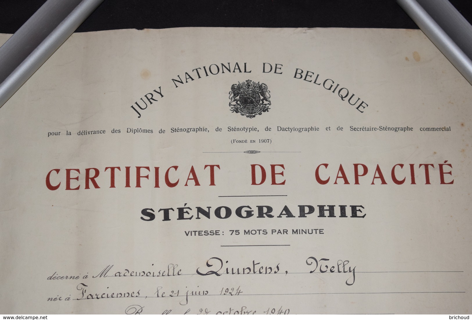 Diplôme De Sténographie Belgique Bruxelles 1940 27.5cm X 35cm - Diploma & School Reports