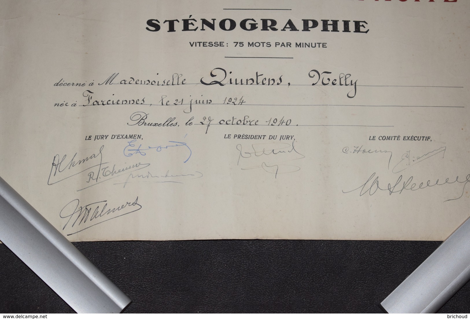Diplôme De Sténographie Belgique Bruxelles 1940 27.5cm X 35cm - Diploma & School Reports