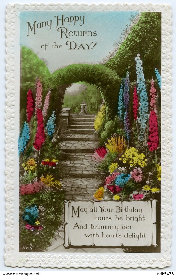 MANY HAPPY RETURNS OF THE DAY - ORNAMENTAL GARDEN PATH WITH TRELLIS AND LUPINS (EMBOSSED) - Birthday