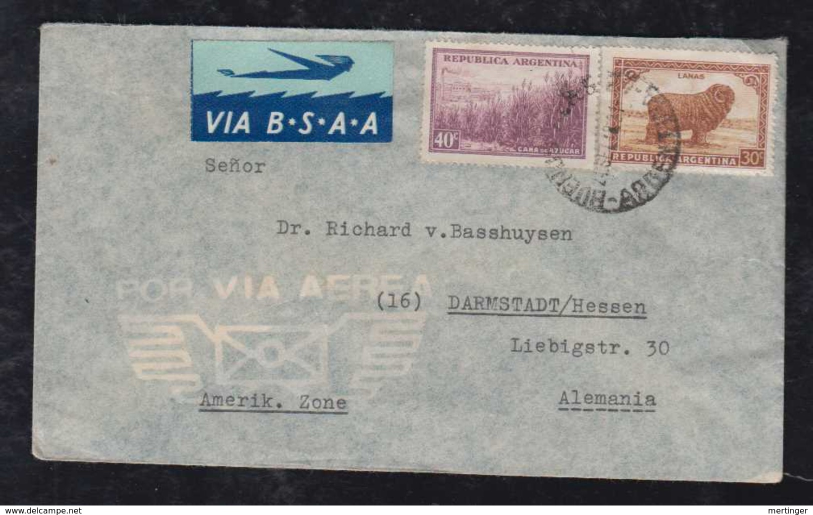 Argentina 1948 Airmail Cover BSSA To DARMSTADT Germany - Lettres & Documents