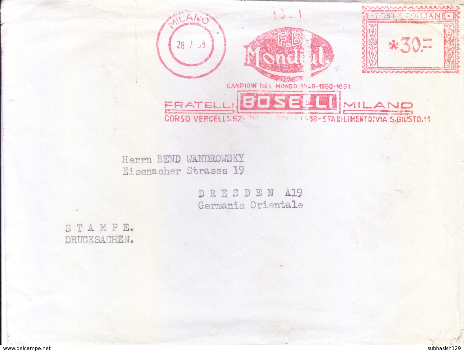 ITALY : 1958 METER FRANKING FROM MILANO : F.B. MONDIUL, FRATELLI BOSELLI MILANO - 1946-60: Used