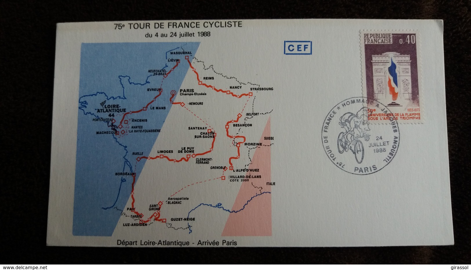 ENVELOPPE 75 EME TOUR DE FRANCE JUILLET 1988 ETAPE PARIS ARRIVEE TIMBRE ARC TRIOMPHE 1 ER JOUR  CONTOUR FRANCE - Autres & Non Classés