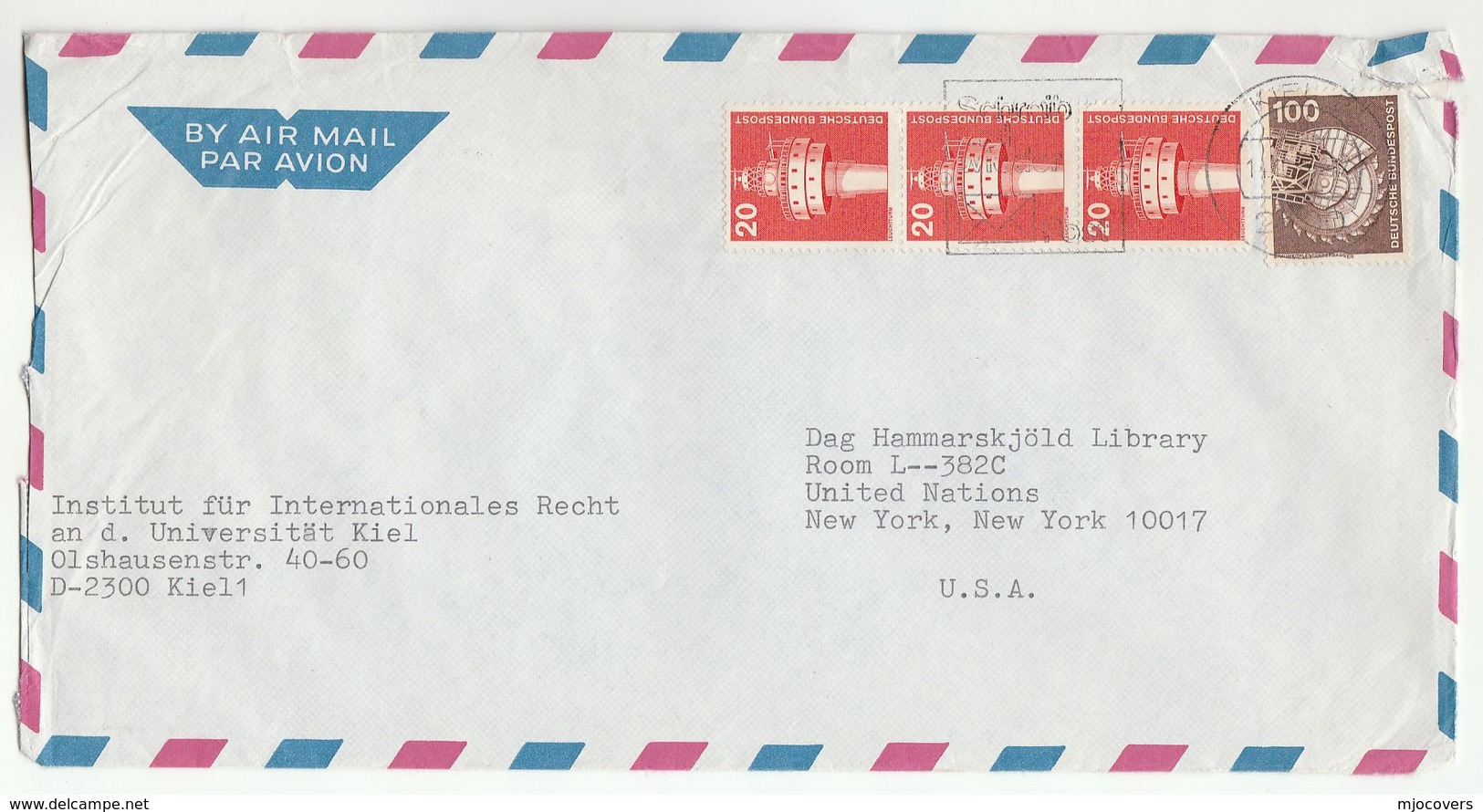 1970s International RIGHTS INSTITUTE Kiel UNIVERSITY To UNITED NATIONS USA Un Stamps Cover Germany Stamps - UNO