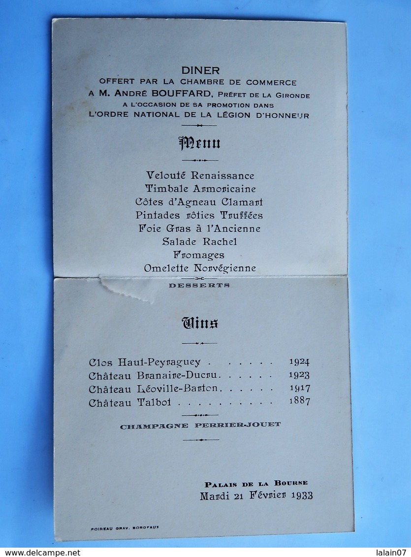 Menu :  Chambre De Commerce De BORDEAUX, Diner Offert à M. André Bouffard, Préfet, Le 21 Février 1933 - Menus