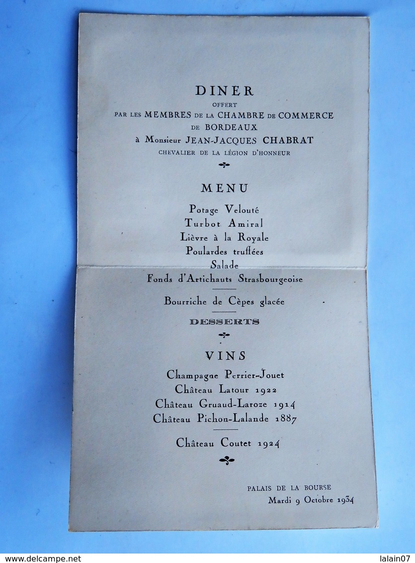 Menu :  Chambre De Commerce De BORDEAUX, Diner Offert à M.Jean-Jacques CHABRAT, Le 9 Octobre 1934 - Menus