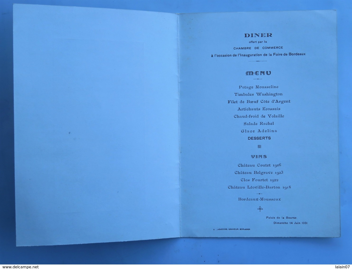 Menu :  Chambre De Commerce De BORDEAUX, Dîner à L'occasion De L'Inauguration De La Foire De Bordeaux, Le 14 Juin 1931 - Menus