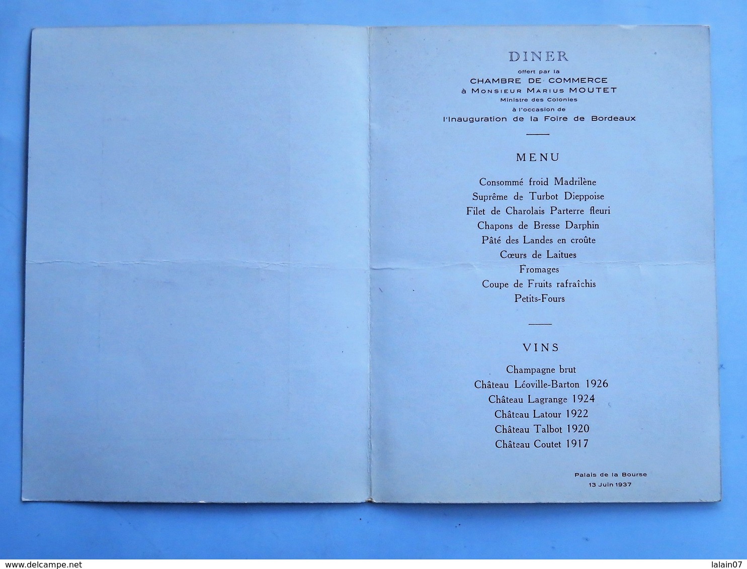 Menu : Chambre De Commerce De BORDEAUX, Dîner à L'occasion De L'Inauguration De La Foire De Bordeaux, Le 13 Juin 1937 - Menus