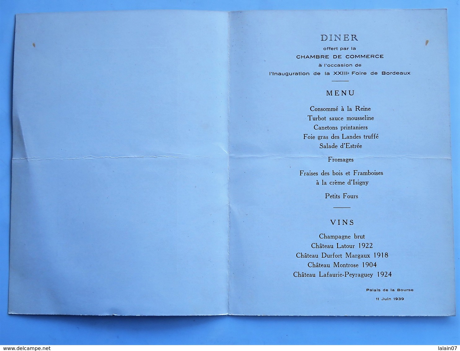 Menu : Chambre De Commerce De BORDEAUX, Dîner à L'occasion De L'Inauguration De La Foire De Bordeaux, Le 11 Juin 1939 - Menus