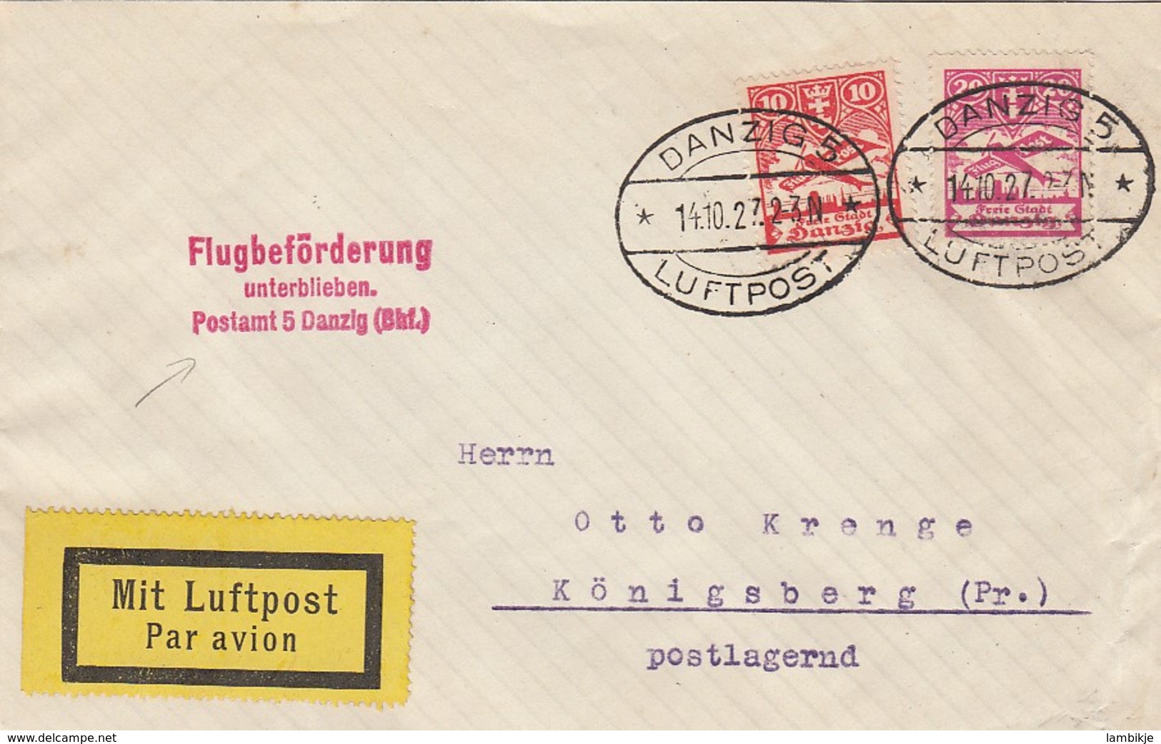 Deutsches Reich Danzig Brief 1927 Luftpost - Briefe U. Dokumente