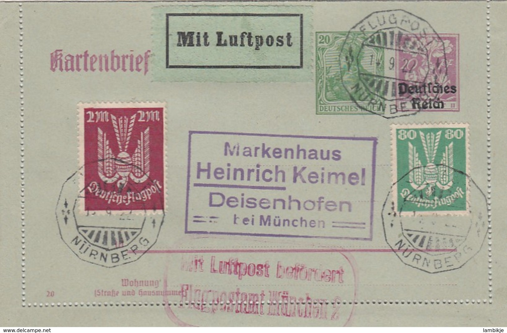 Deutsches Reich Luftpost Kartenbrief 1922 - Lettres & Documents