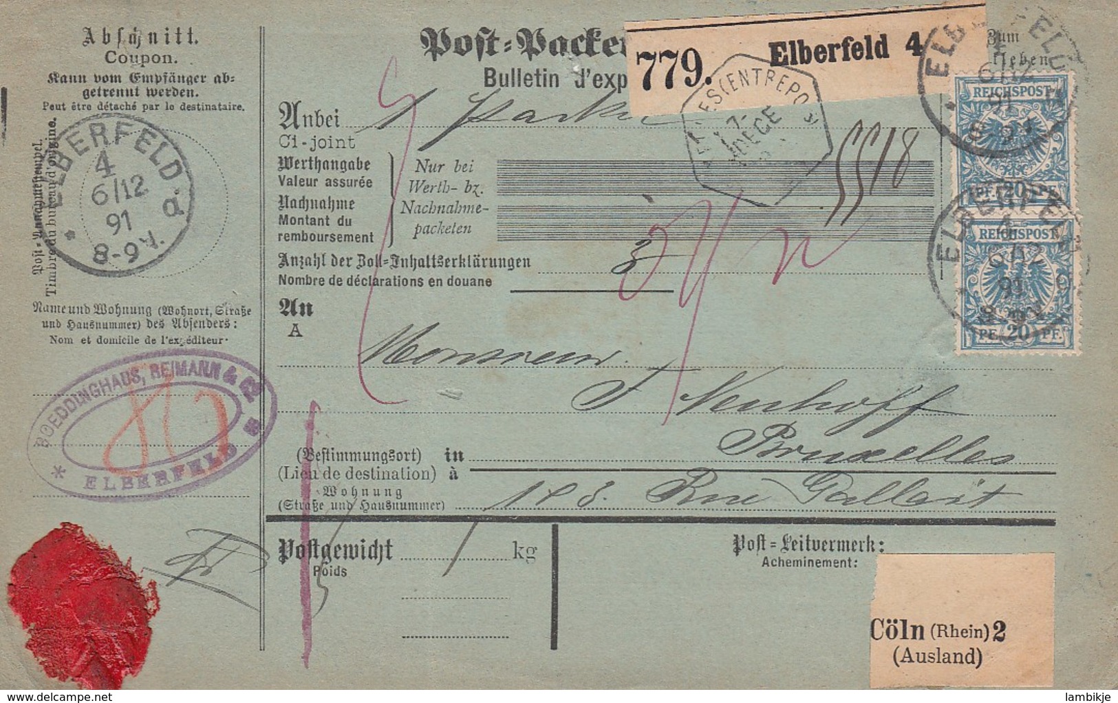 Deutsches Reich Paketkarte 1891 - Briefe U. Dokumente