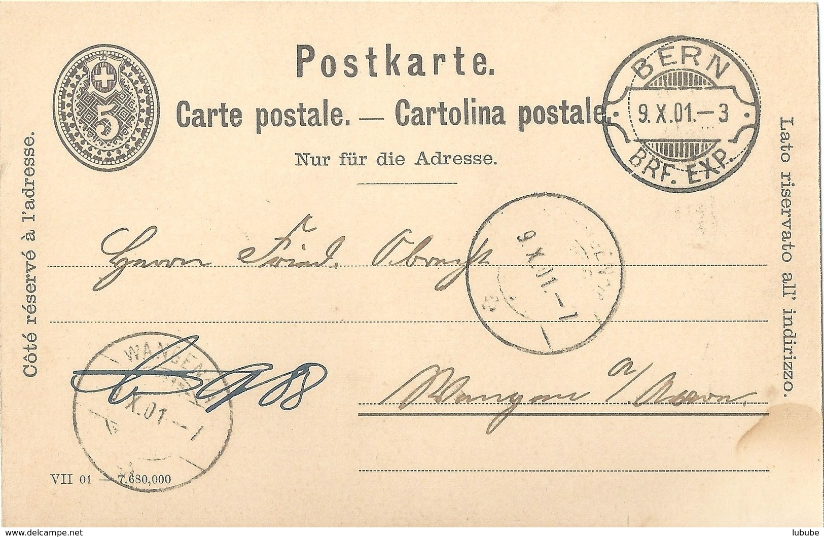 PK 26  Bern -  Wangen An Der Aare  (Rasierklingenstempel)          1901 - Interi Postali