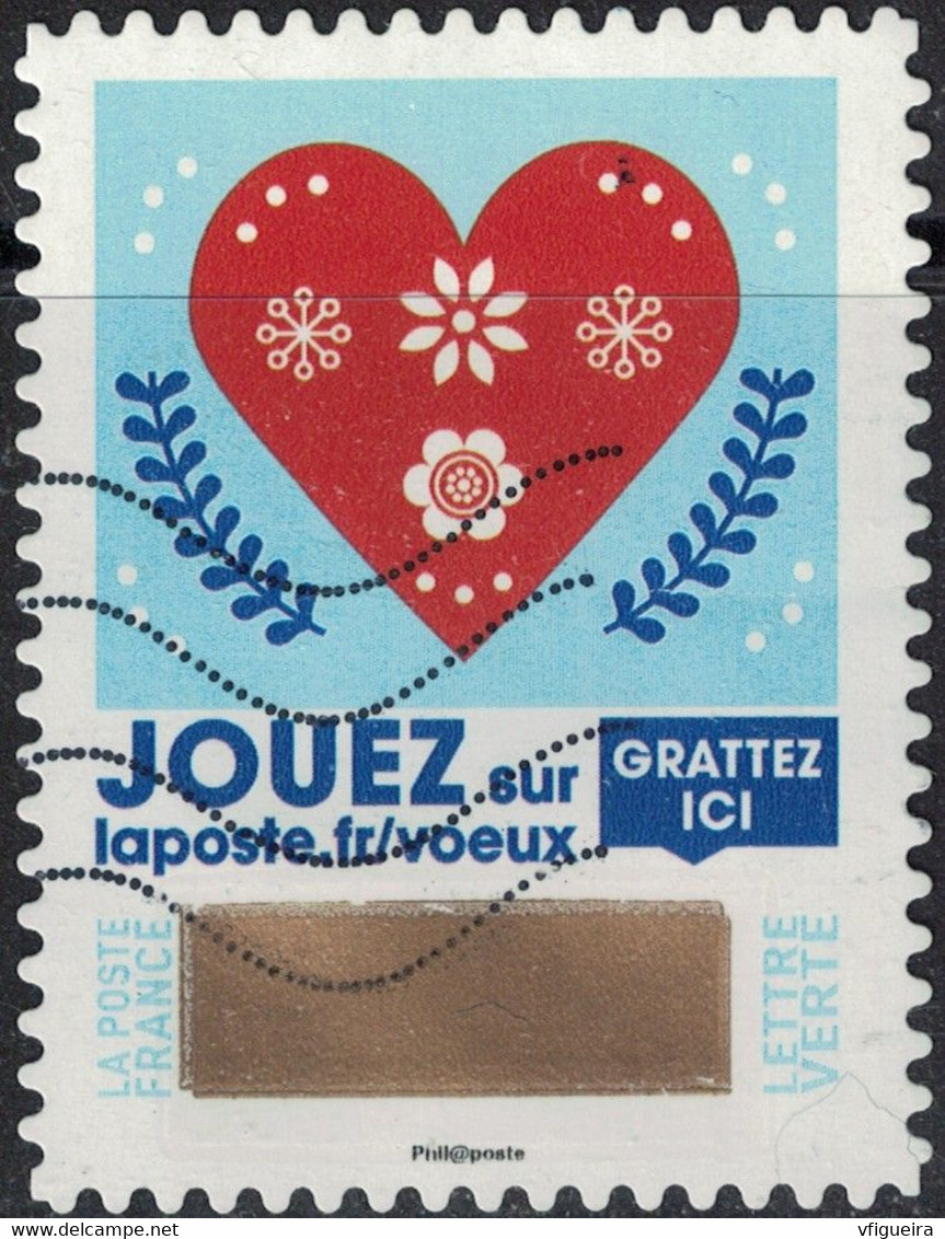 France 2018 Oblitéré Used Timbre à Gratter N° 3 Voeux Coeur Rouge Avec Motifs Floraux Y&T 1643 - Oblitérés