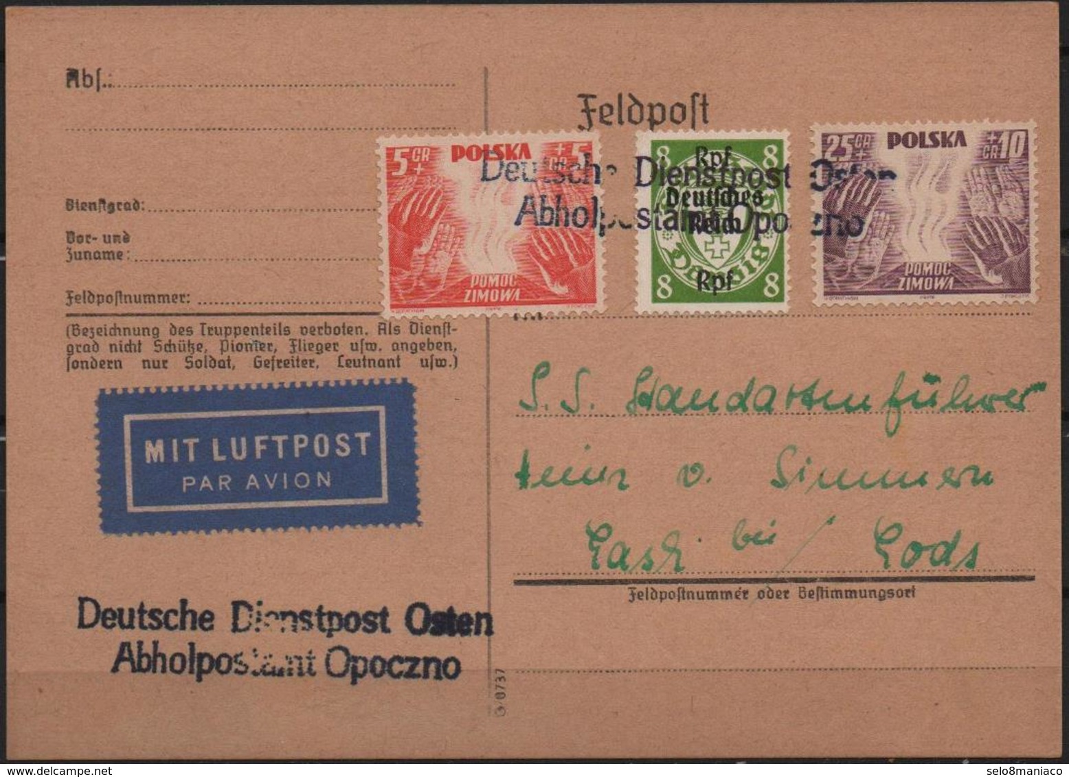 C3178-Poland-Mixed Franking Feldpost Card From Opoczno To Lodz-1939 (?) - Gouvernement Général