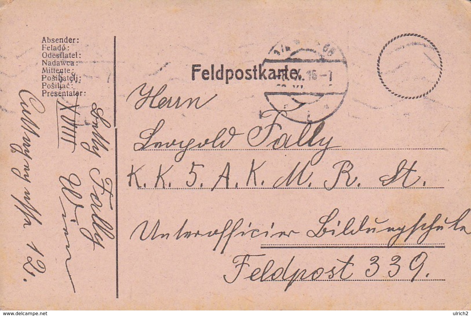 Feldpostkarte Wien Nach K.k. 5. A.K. M.R.St. FP339 - 1916 (39621) - Briefe U. Dokumente