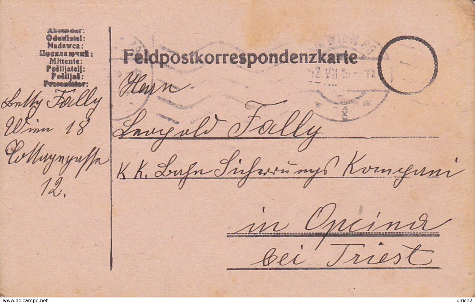 Feldpostkarte Wien Nach K.k. Bahn Sicherungs Kompanie Opcina Bei Triest - 1916 (39622) - Briefe U. Dokumente