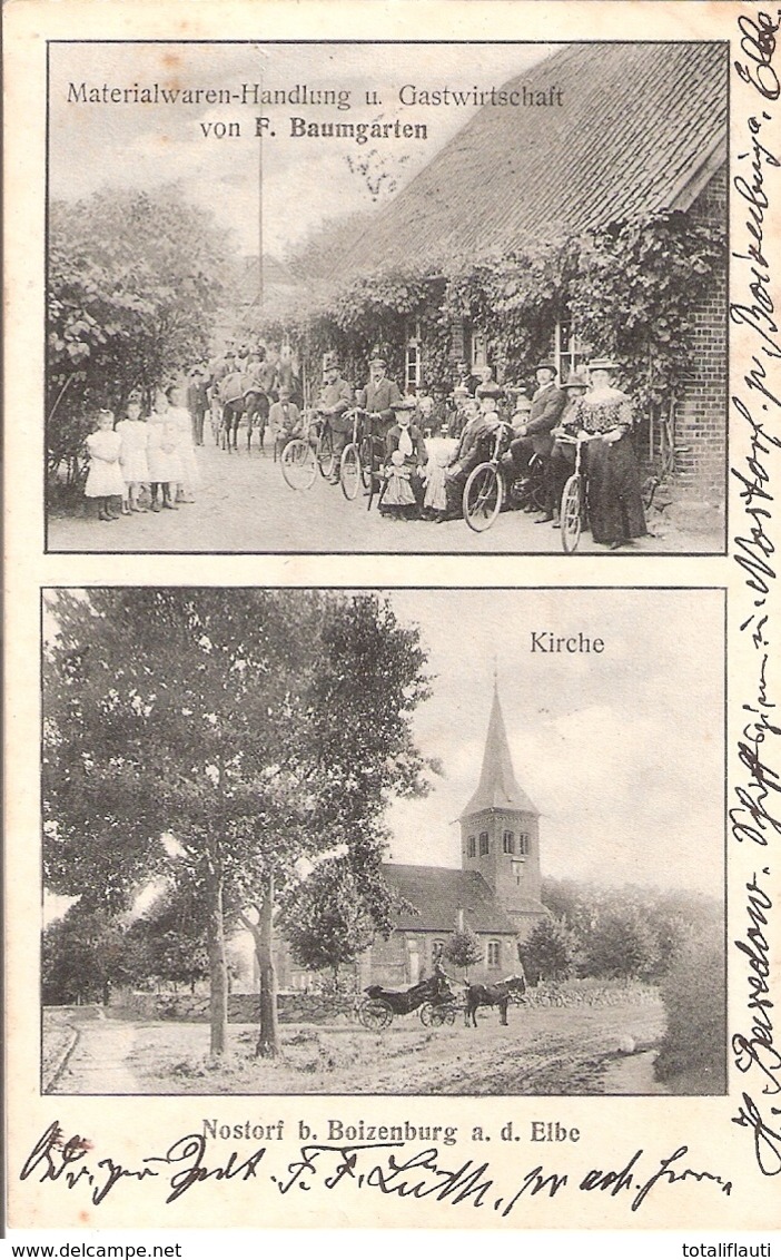 NOSTORF Bei Boizenburg Gasthof + Materialwaren F Baumgarten Kirche Kutsche Winter Gelaufen 14.1.1910 - Boizenburg