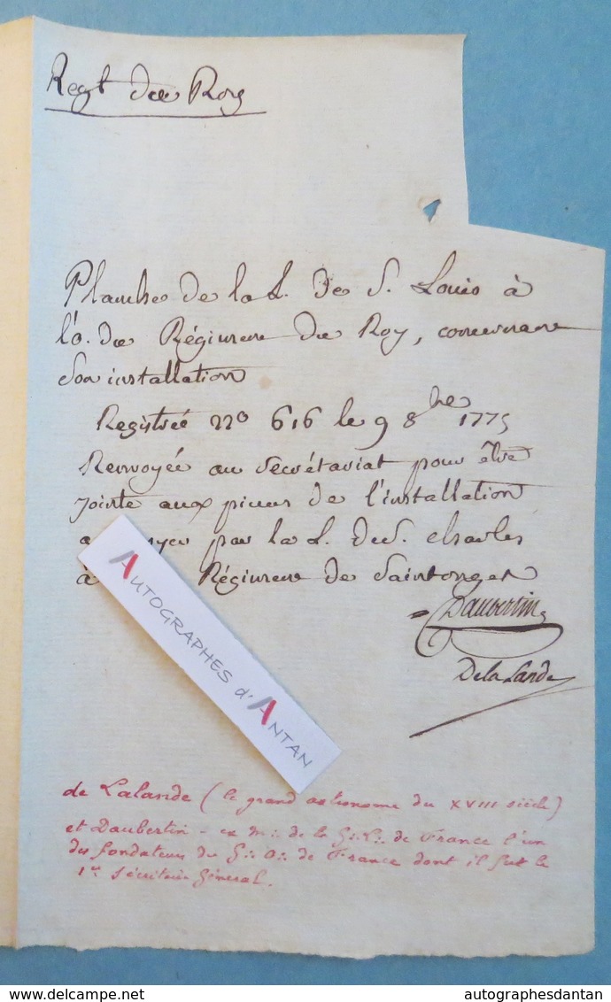 Jérôme Lefrançois De LALANDE Astronome & DAUBERTIN Franc Maçon - Pièce Autographe XVIIIè - La Lande - Né Bourg En Bresse - Autres & Non Classés