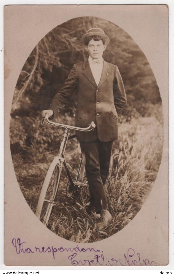 NEW ZEALAND Young Man Bicycle Name Cvjetko Nola Real Photo Postcard Write In Esperanto - Nouvelle-Zélande
