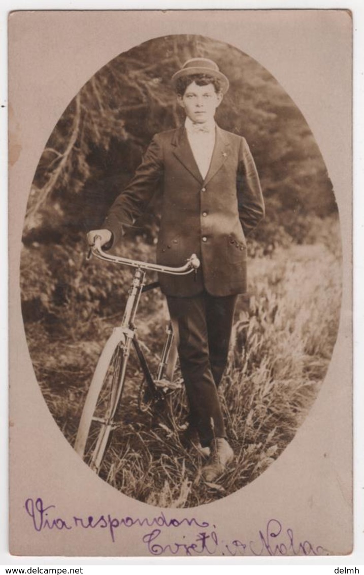 NEW ZEALAND Young Man Bicycle Name Cvjetko Nola Real Photo Postcard Write In Esperanto - New Zealand