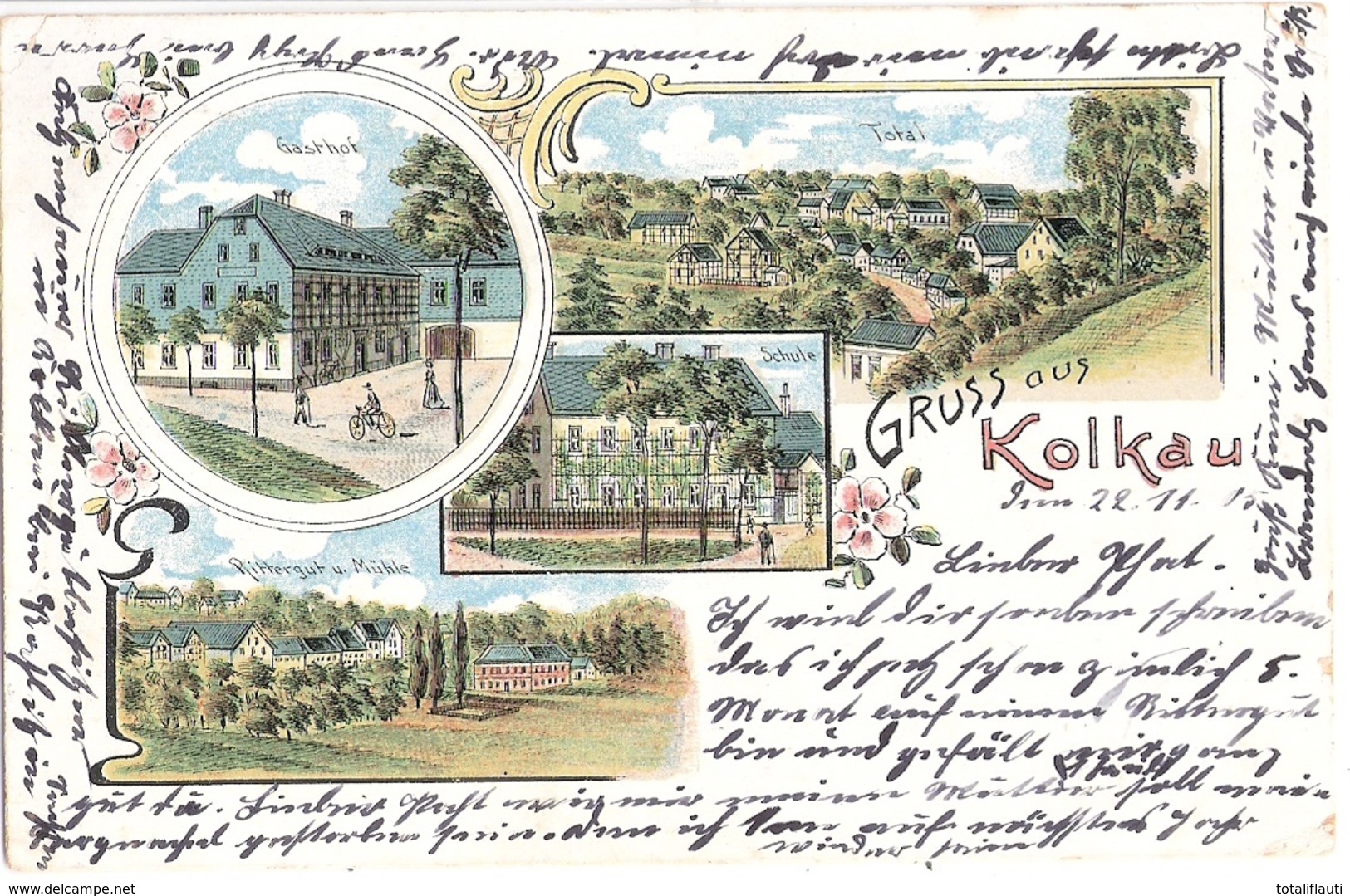 Gruss Aus KOLKAU Color Litho Rittergut Mühle Schule Gasthof 23.11.1901 ROCHLITZ - Rochlitz