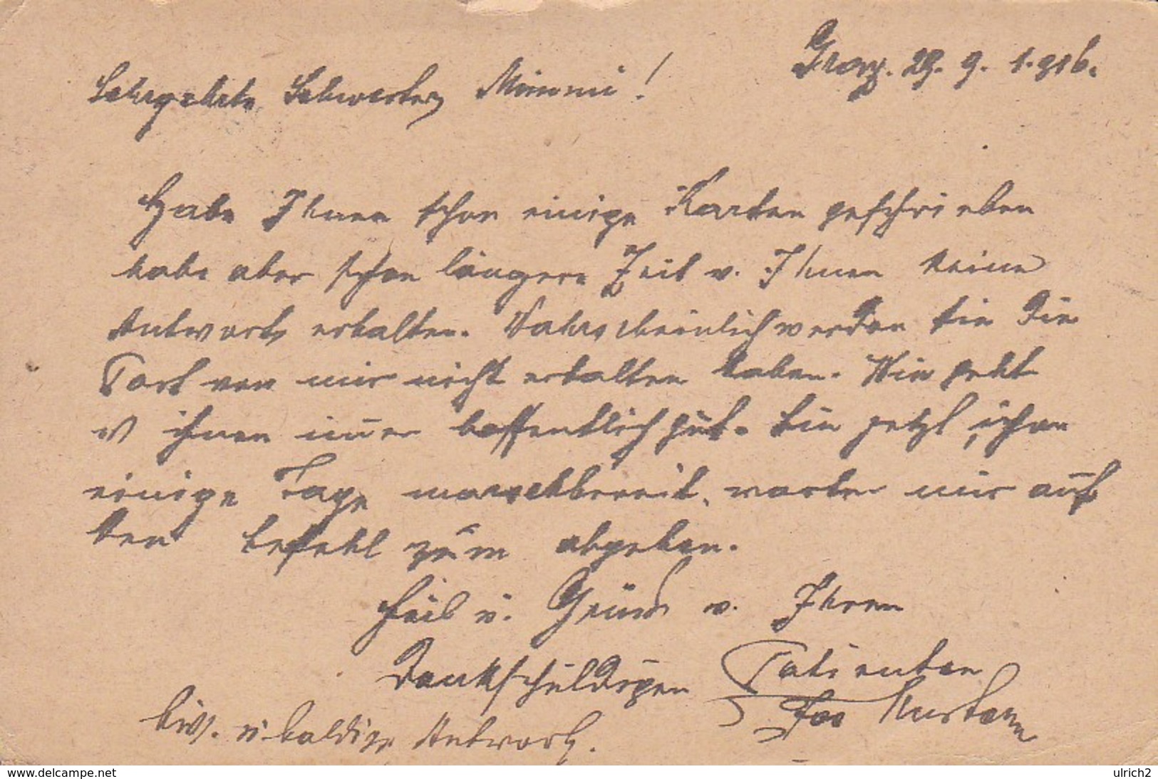 Feldpostkarte Graz Nach K.u.k. Reserve Spital Krems - 1916 (39626) - Briefe U. Dokumente