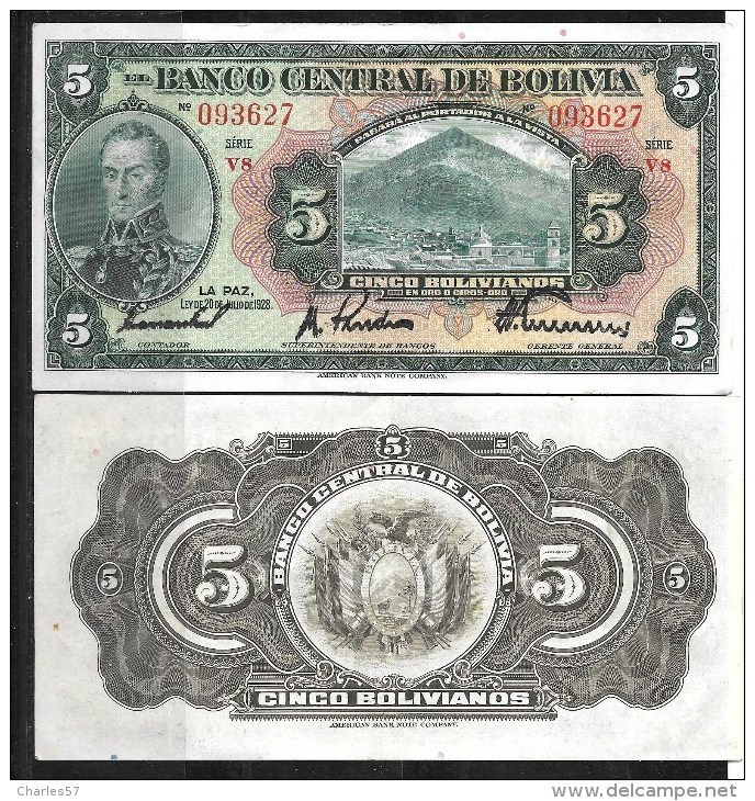 Bolivie :5 Bolivianos 1928 ( Circulé) - Bolivie