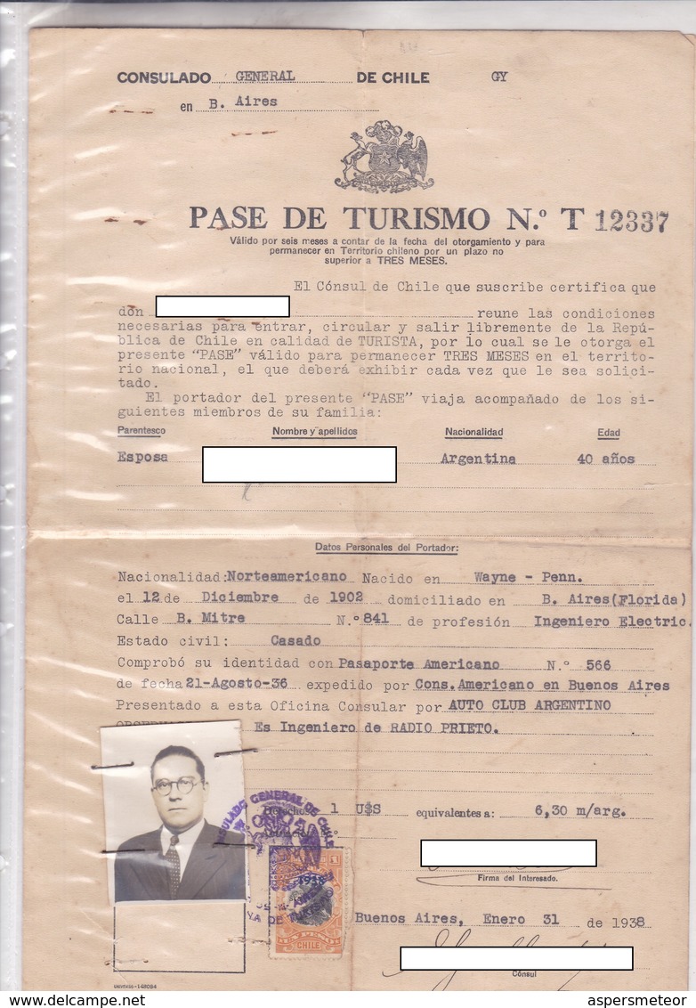 CONSULADO GENERAL DE CHILE EN BUENOS AIRES, PASE DE TURISMO. AÑO 1938 CON TIMBRE FISCAL. SIGNEE - BLEUP - Documentos Históricos