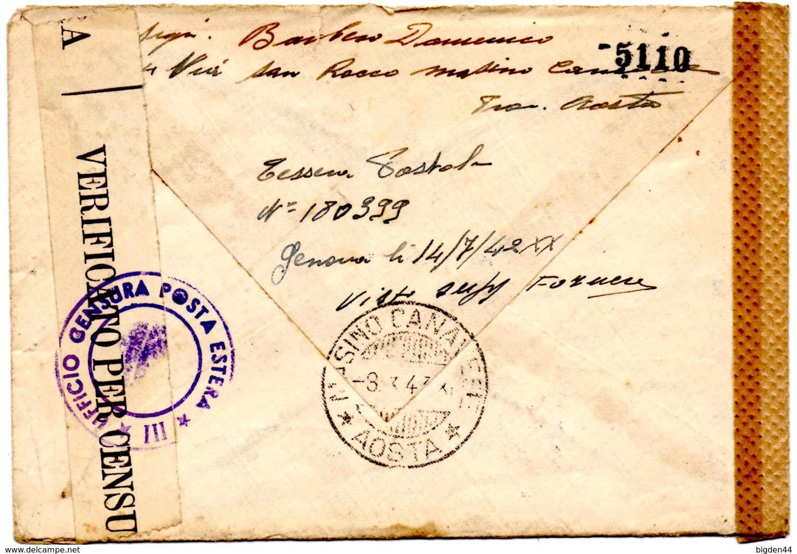 Lettre De Masino Canavese Aosta (09.03.1943) Pour Colombes, Double Censure Posta Estera - Storia Postale