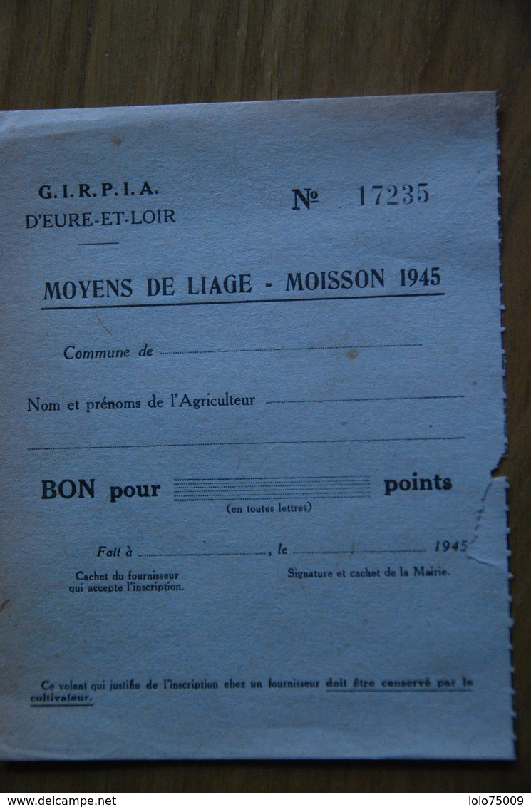 Rationnement - Bon Moisson Girpia Eure-et-loir - Documents Historiques