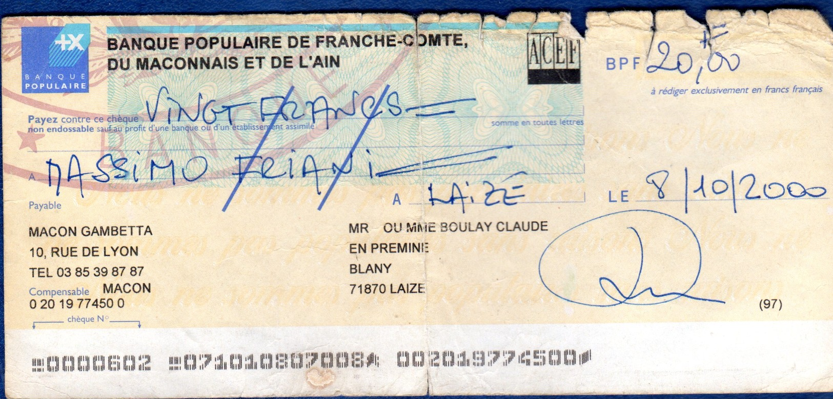 ASSEGNO   20  Franchi Franacesi  Anno 2000  Banque Poupulaire  De Franche -comte Du MACONNAIS ET  L AIN - Assignats & Mandats Territoriaux