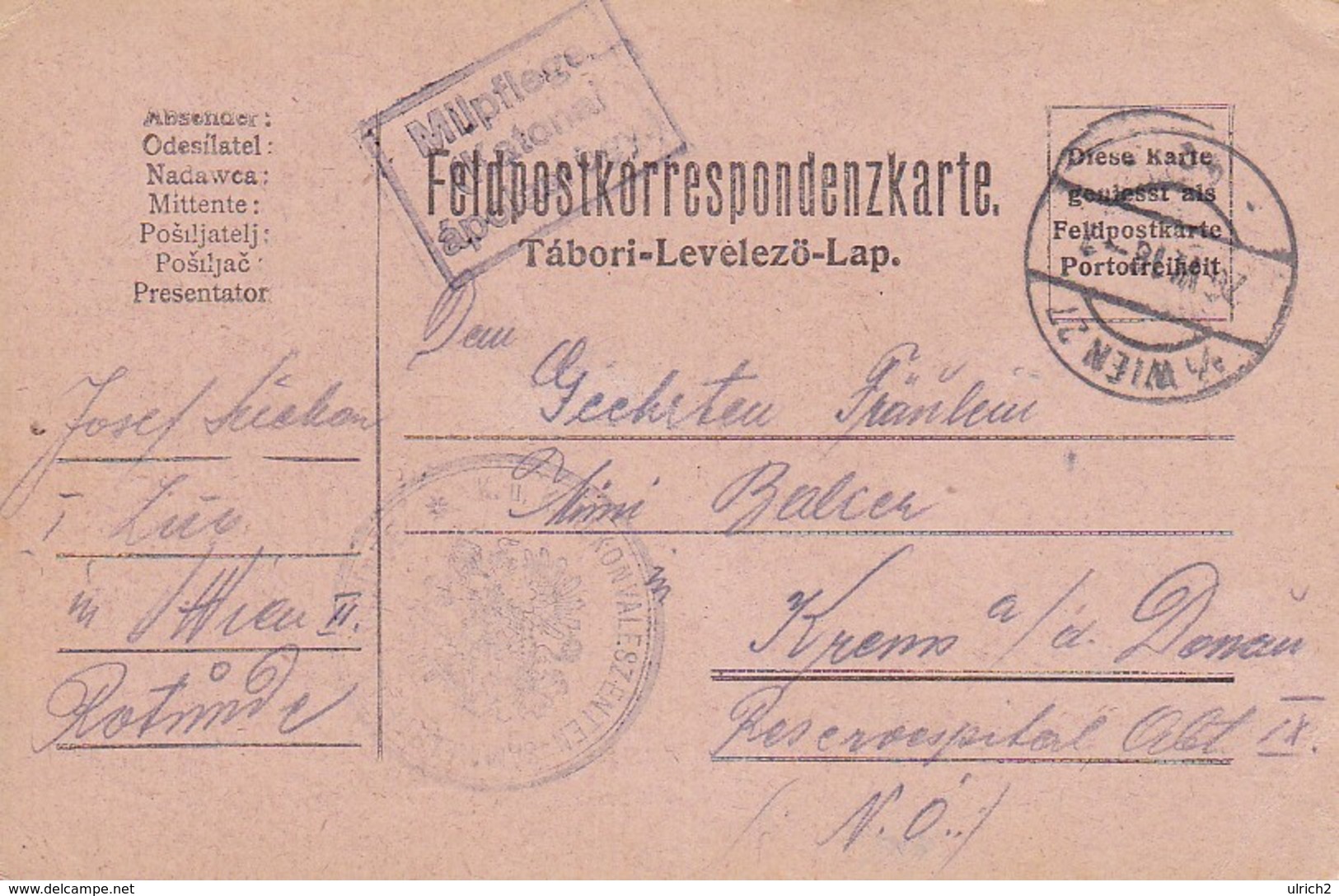 Feldpostkarte K.u.k. Rekonvaleszenten-Sammelstelle Rotunde Wien Nach Krems - 1916 (39631) - Briefe U. Dokumente