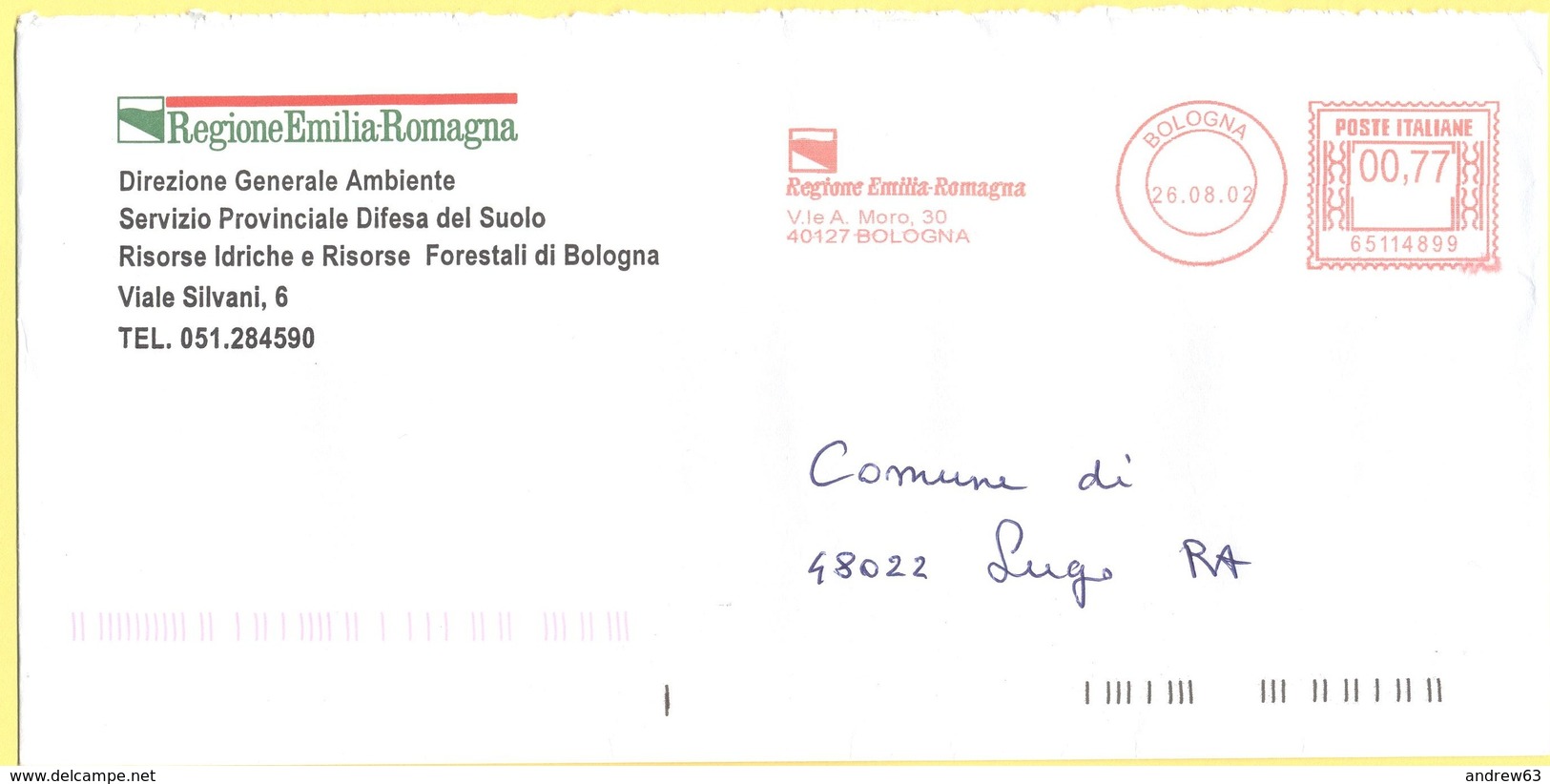 ITALIA - ITALY - ITALIE - 2002 - 00,77€ EMA, Red Cancel - Regione Emilia-Romagna - Viaggiata Da Bologna Per Lugo - Macchine Per Obliterare (EMA)