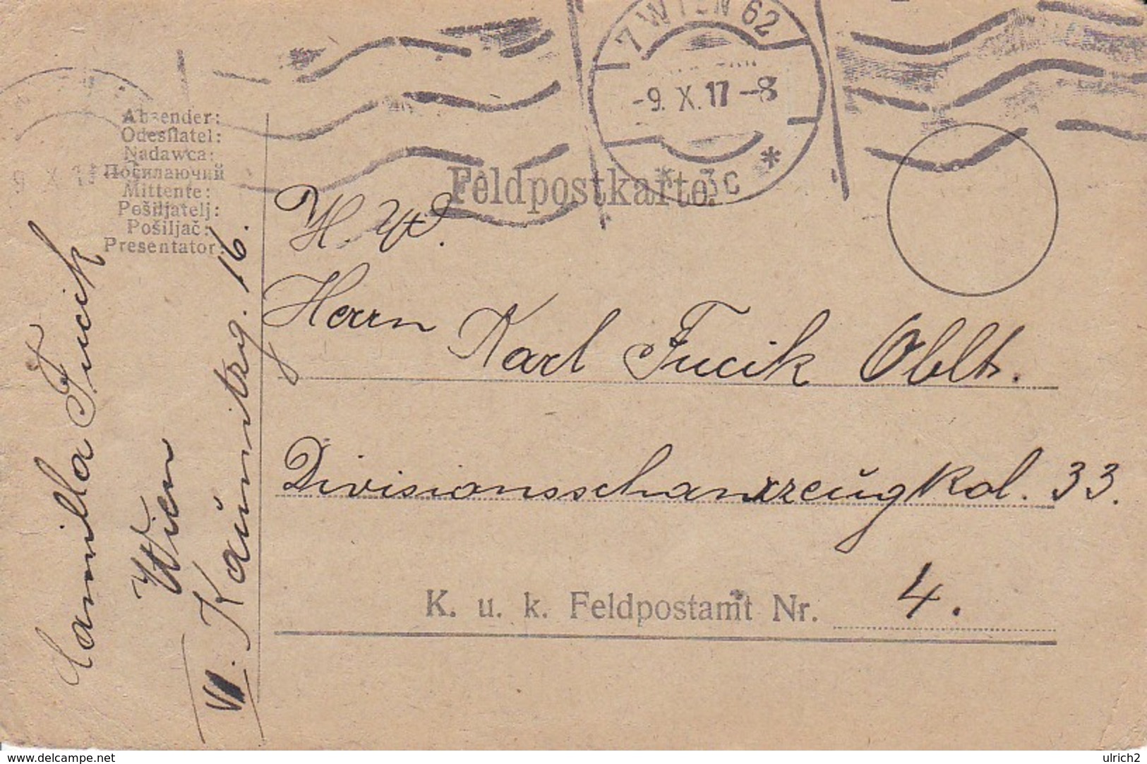 Feldpostkarte Wien Nach Divisionsschanzzeug Kd. 33 FP 4 - 1917 (39636) - Cartas & Documentos