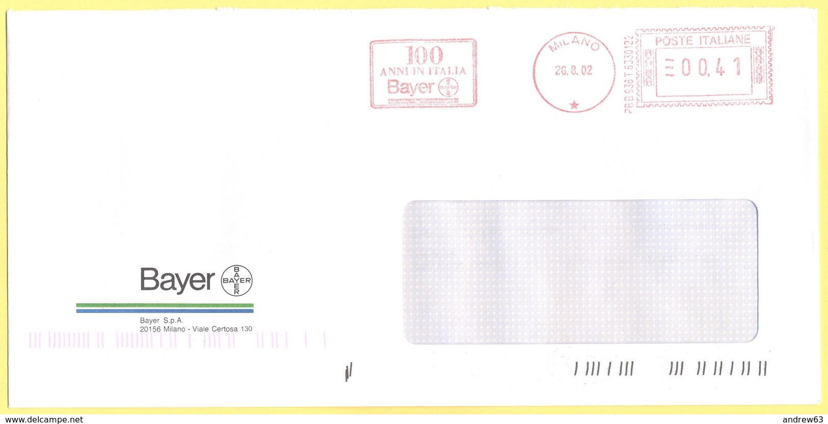 ITALIA - ITALY - ITALIE - 2002 - 00,41€ EMA, Red Cancel - Bayer SPA - 100 Anni In Italia - Viaggiata Da Milano - Macchine Per Obliterare (EMA)