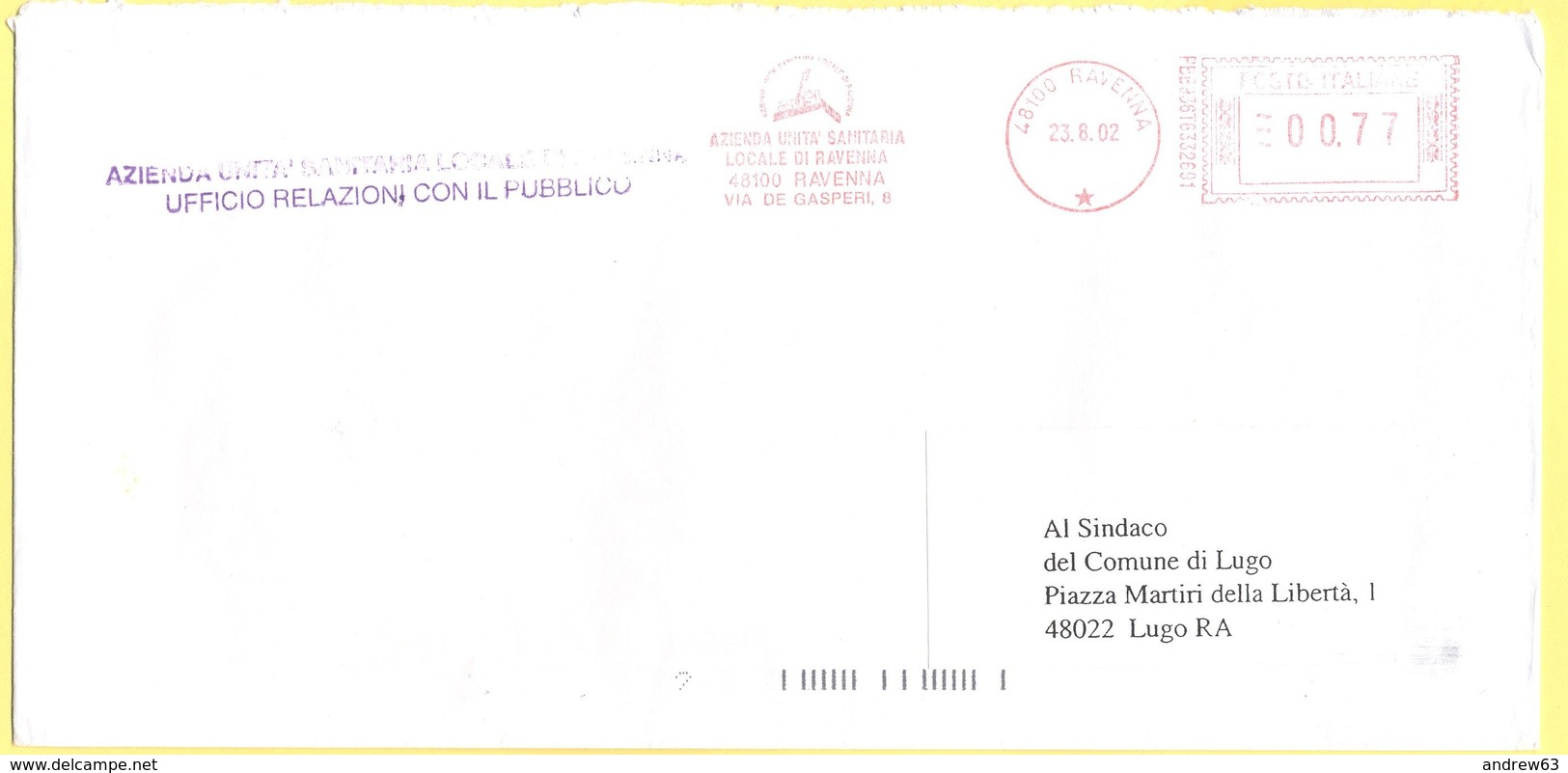 ITALIA - ITALY - ITALIE - 2002 - 00,77€ EMA, Red Cancel - Azienda Unità Sanitaria Locale Di Ravenna - Viaggiata Da Raven - Macchine Per Obliterare (EMA)