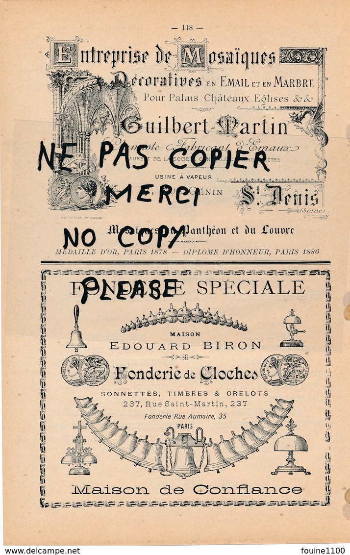 Entreprise De Mosaïques émail Marbre GUILBERT MARTIN Rue Génin SAINT DENIS Seine Fonderie De Cloches Cloche E. BIRON - Publicités