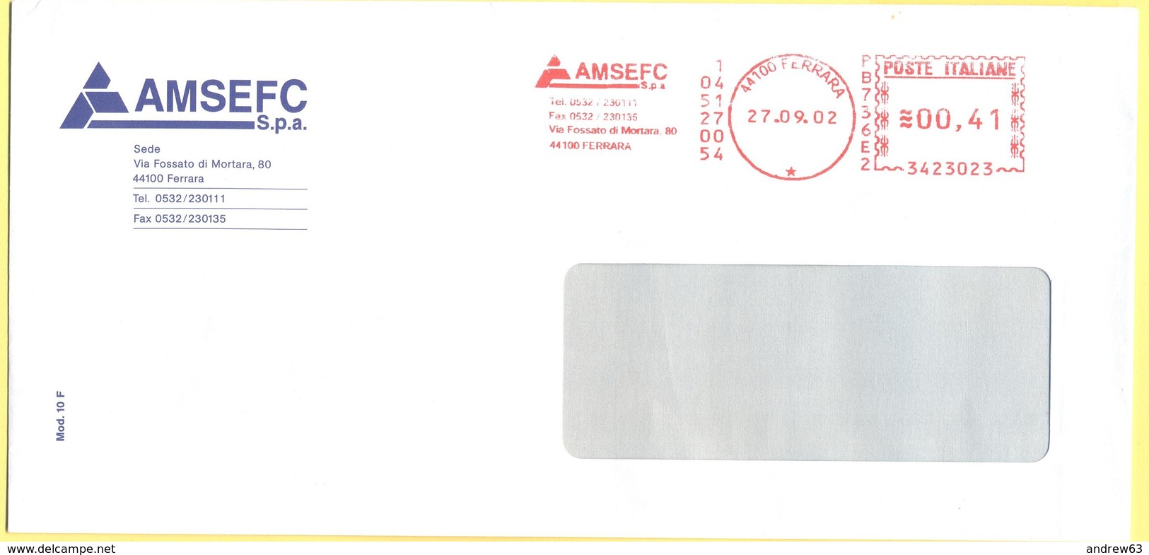 ITALIA - ITALY - ITALIE - 2002 - 00,41€ EMA, Red Cancel - AMSEFC SPA - Viaggiata Da Ferrara - Macchine Per Obliterare (EMA)