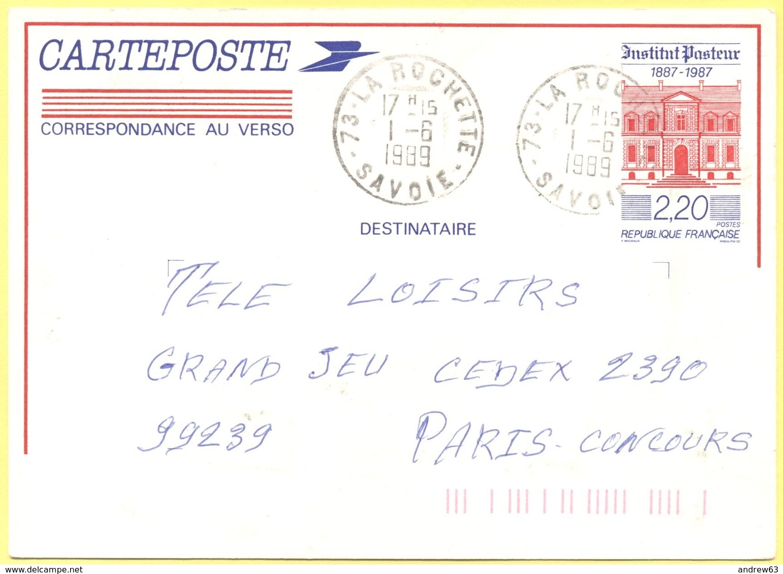 FRANCIA - France - 1989 - 2,20 Institut Pasteur - Carte Postale - Intero Postale - Entier Postal - Postal Stationery - V - Cartoline Postali E Su Commissione Privata TSC (ante 1995)