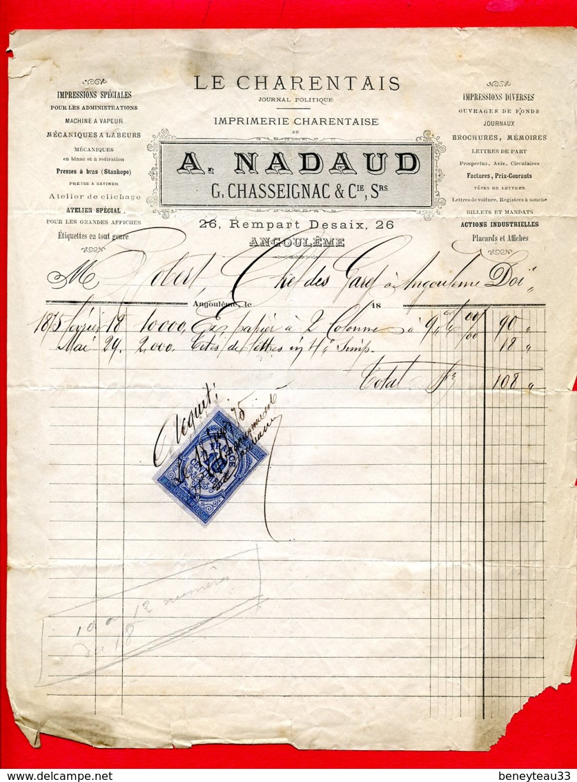 FACTURE (Réf :D743 LE CHARENTAIS JOURNAL POLITIQUE IMPRIMERIE CHARENTAISE A. NADAUD G. CHASSEIGNAC & Cie, Srs ANGOULÊME - 1800 – 1899