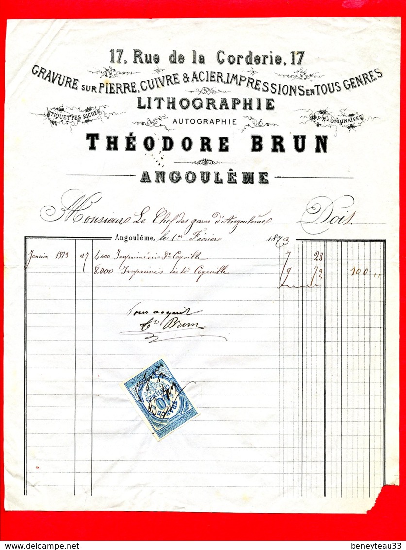 FACTURE (Réf :D744) GRAVURE SUR PIERRE, CUIVRE & ACIER, IMPRESSIONS EN TOUS GENRES LITHOGRAPHIE THÉODORE BRUN ANGOULÊME - 1800 – 1899